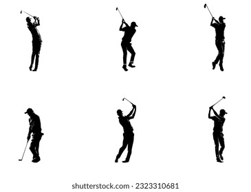 people playing golf in various poses isolated vector silhouette on white background