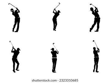 people playing golf in various poses isolated vector silhouette on white background