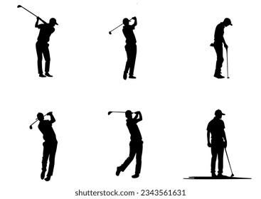 people playing golf in various poses isolated vector silhouette on white background