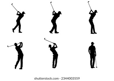 people playing golf in various poses isolated vector silhouette on white background