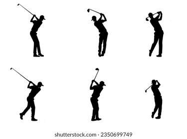 people playing golf in various poses isolated vector silhouette on white background