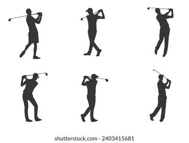 people playing golf in various poses isolated vector silhouette on white background