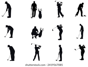 gente jugando al golf en varias posiciones aisladas de silueta vectorial sobre fondo blanco