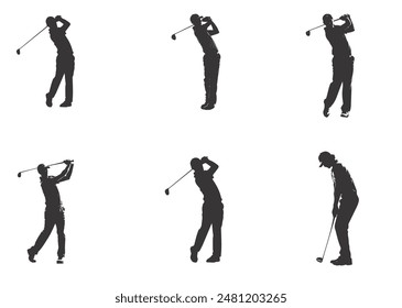 people playing golf in various poses isolated vector silhouette on white background