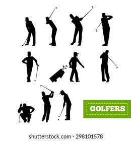 People playing Golf vector set. swing with a Golf club. golf car. 