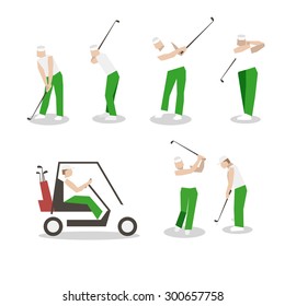 People playing Golf vector set. swing with a Golf club. golf car. 