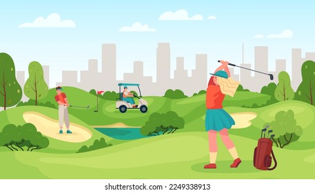 People playing golf. Young female and male friends with professional equipment doing sport. Active outdoor hobby. Cartoon girl and boy hitting ball with clubs. Summer leisure time activity vector