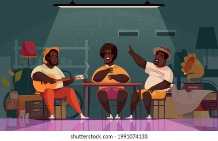 People playing guitar composition with indoor scenery and group of singing african american friends with guitar vector illustration