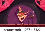 People playing guitar composition with view of stage with lighting and sitting man singing while playing vector illustration