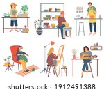 People playing guitar and knitting vector, hobby set of person woman gardening, pottery and cooking. Interest drawing pictures on canvas with brushes set