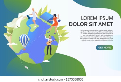 People playing guitar, watering plants on Earth and sample text. Lifestyle, leisure, activity, sport concept. Presentation slide template. Vector illustration for topics like vacation, nature, summer