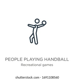 People playing handball icon. Thin linear people playing handball outline icon isolated on white background from recreational games collection. Line vector sign, symbol for web and mobile