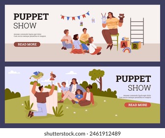 Menschen spielen in den Händen Puppet Show für Kinder Werbung Vektorgrafik Flyer Vorlage Set. Nettes Kinder-Unterhaltungstheater. Cartoon Tiere, Drachen und Prinzessin Puppen Spielzeug Performance auf der Szene