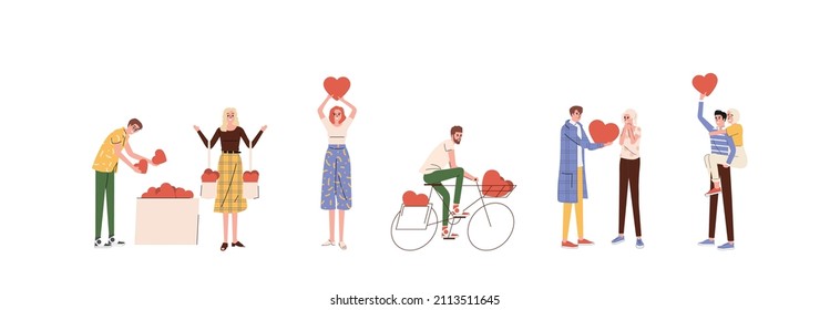 People playing with heart-shaped objects concept, men delivering love by bicycle, men carrying women, men and women taking heart objects from boxes, people spreading love, happy valentine's day