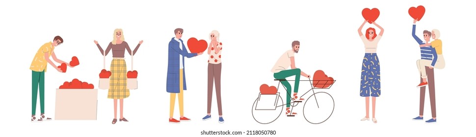 People playing with heart-shaped objects concept, men delivering love by bicycle, men carrying women, people spreading love, happy valentine's day. isolated on white background