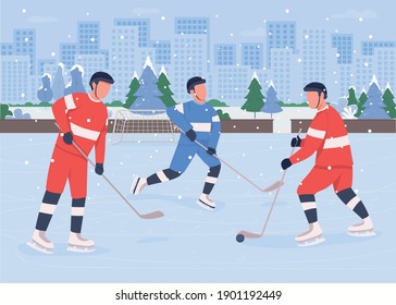 Leute, die Hockey auf Eis spielen, flache Vektorgrafik. Profi-Teams konkurrieren um die Meisterschaft. Eishockeyspieler 2D Cartografiefiguren mit Stadtpark auf Hintergrund