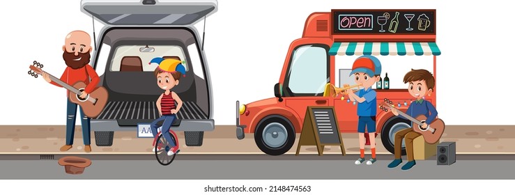 People playing instruments at yard sale illustration