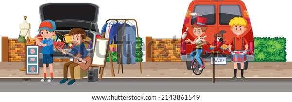 People\
playing instruments at yard sale\
illustration