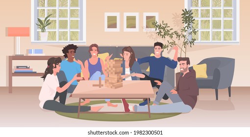 People Playing Jenga Spending Time Together Mix Race Friends Having Fun Table Games Concept