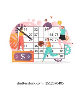 People playing lotto game vector illustration. Tiny characters marking chosen numbers on huge play slip. Lottery gambling concept for web banner, website page etc.