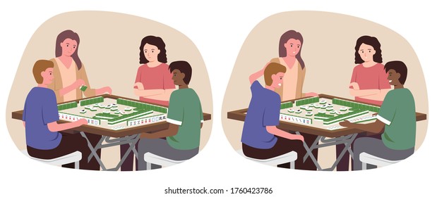 People playing mahjong together, in Guangdong / Hong Kong style