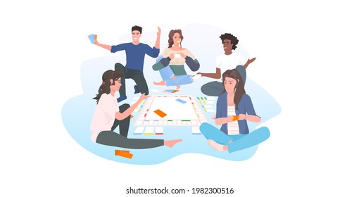 people playing monopoly board game at home mix race friends having fun leisure activity concept