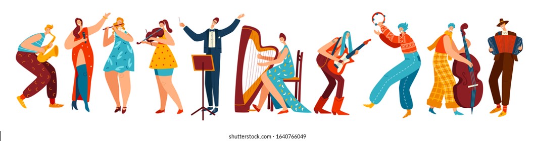 People playing music in different styles, isolated cartoon characters, vector illustration. Men and women with musical instruments, violin, saxophone, harp and guitar. Smiling creative musicians