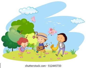 People playing music in garden illustration