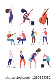 People playing music. Musicians performing rock music singers with microphone guitarist and drummer. Music band flat vector characters