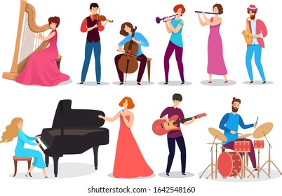 People playing musical instruments, set of isolated cartoon characters, vector illustration. Men and women play music in different styles, violin, saxophone, harp and guitar. Happy creative musicians