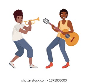 La gente tocando instrumentos musicales. Hombres afroamericanos tocando guitarra y trompeta juntos ilustración vectorial