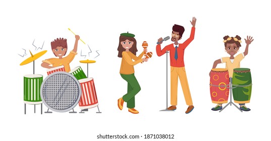 People playing musical instruments set. Afro-american, Europeans men, woman musicians playing musical instruments: drums, guitar, saxophone, flute, contrabass. Drummer, keyboardist, singers vector