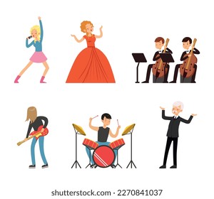 People playing musical instruments and singing set. Musicians playing classic and rock music at concert cartoon vector illustration