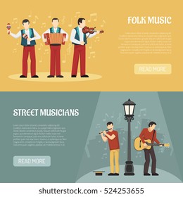 People playing musical instruments two horizontal banners with street musicians and folklore performers flat vector illustration    