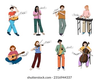 People playing musical instruments vector illustrations set. Large flat vector set of musicians playing synth, saxophone, flute, violin, cello and guitar, drum, singing person. 