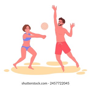 People playing on beach. Man and woman play beach volleyball, characters doing beach sport recreation flat vector illustration. Cartoon volleyball players on sandy beach