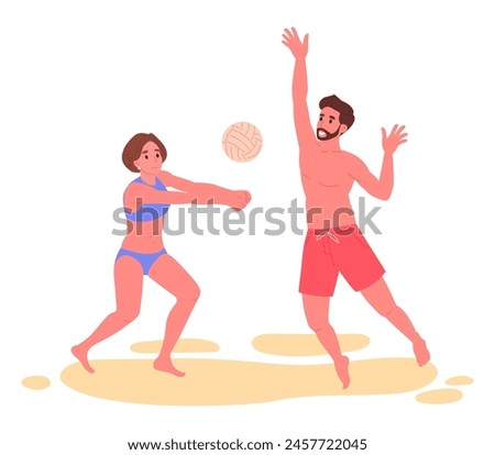 People playing on beach. Man and woman play beach volleyball, characters doing beach sport recreation flat vector illustration. Cartoon volleyball players on sandy beach