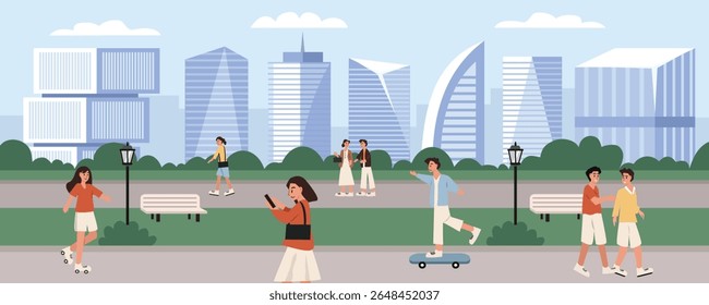 People playing on the city park. Bench park. People walking at the city park. Leisure time. People walking on the urban park. Skyscraper scenery at the parks.