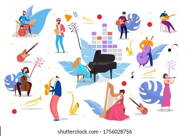 People playing on musical instruments, vector illustration. Man woman character musician with piano, guitar, saxophone, cello, viola and drums, harp, flute. Band concert, favorite work.