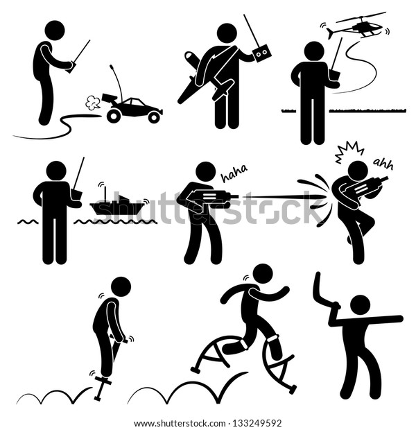 People Playing with Outdoor Toys Remote Control Car\
Plane Helicopter Ship Water Gun Jumper Boomerang Stick Figure\
Pictogram Icon