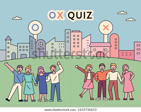 People are playing ox quiz game outdoors.\
It is divided into two groups of people and enjoys it. flat design\
style minimal vector\
illustration.