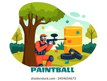 People Playing Paintball Vector Illustration of Fighter Player Shooting with Gun Shoot, Aim, Attack in Field Scene in Flat Cartoon Background