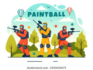 People Playing Paintball Vector Illustration of Fighter Player Shooting with Gun Shoot, Aim, Attack in Field Scene in Flat Cartoon Background