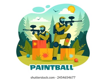 Menschen Spielen Paintball Vektorillustration des Kämpfers Schießen mit Gewehrschuss, Ziel, Angriff in der Feldszene im flachen Cartoon Hintergrund