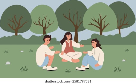 People playing in the park. Friends sitting in the park. Countryside park. Spring. Summer. Trees. Grass. Children book cover. People talking. Teenager playing game.