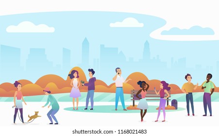 People playing with pets, talking and walking in a beautiful urban public park with modern city skyline on the background. Trendy gradient color vector illustration.