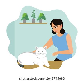 People playing with pets. A young woman plays with a pet cat at home.