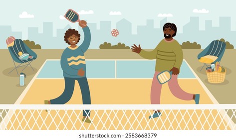 People playing pickleball on outdoor court. Pickleball banner. Concept of active lifestyle, sport, recreation and leisure activities. Vector hand drawn background.