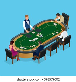 People Playing Poker In The Casino, Gambling. Isometric Vector Illustration. 