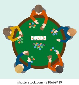 People Playing Poker Game On The Table Top View Vector Illustration